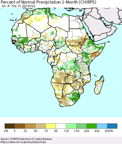 Africa Percent of Normal Precipitation 1-Month (CHIRPS) Thematic Map For 4/26/2023 - 5/25/2023