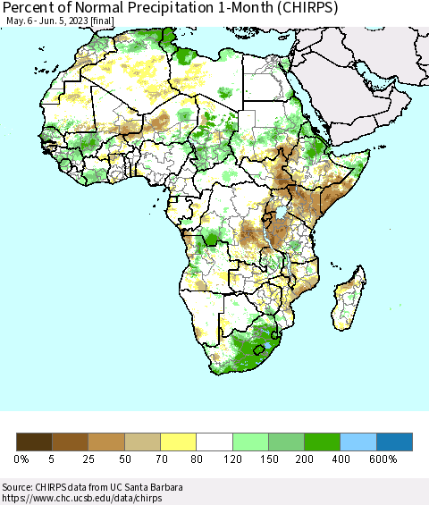 Africa Percent of Normal Precipitation 1-Month (CHIRPS) Thematic Map For 5/6/2023 - 6/5/2023