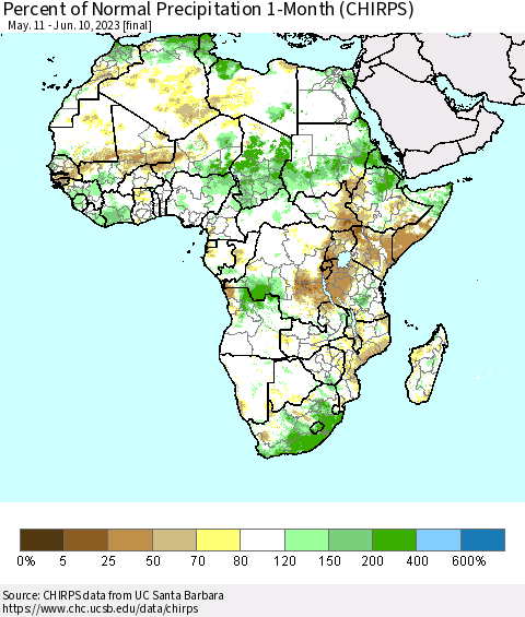 Africa Percent of Normal Precipitation 1-Month (CHIRPS) Thematic Map For 5/11/2023 - 6/10/2023