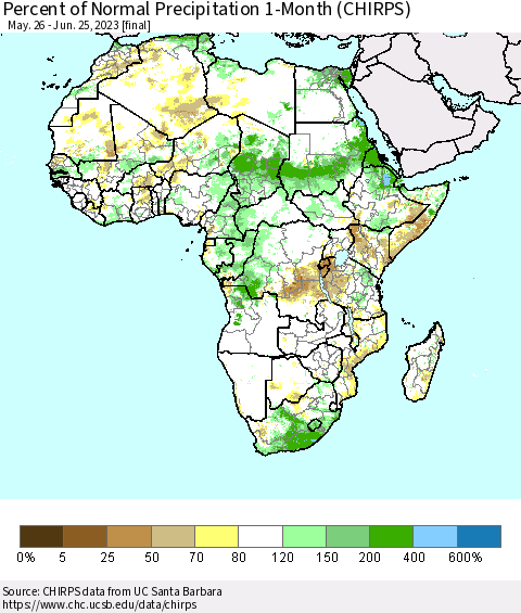 Africa Percent of Normal Precipitation 1-Month (CHIRPS) Thematic Map For 5/26/2023 - 6/25/2023