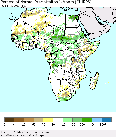 Africa Percent of Normal Precipitation 1-Month (CHIRPS) Thematic Map For 6/1/2023 - 6/30/2023