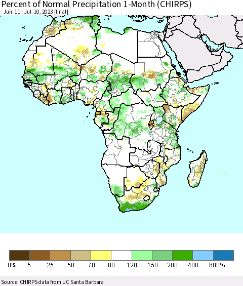 Africa Percent of Normal Precipitation 1-Month (CHIRPS) Thematic Map For 6/11/2023 - 7/10/2023