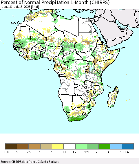 Africa Percent of Normal Precipitation 1-Month (CHIRPS) Thematic Map For 6/16/2023 - 7/15/2023