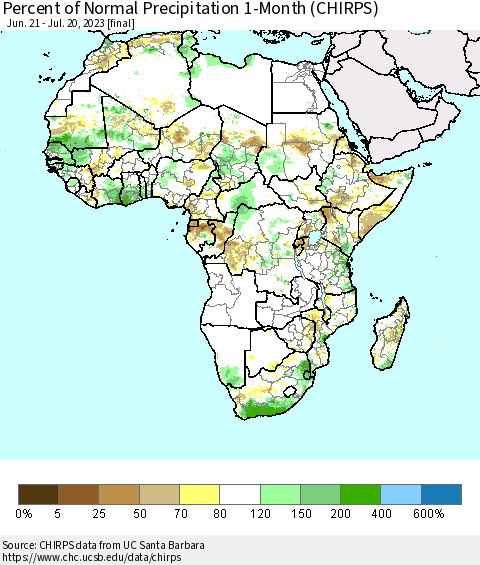 Africa Percent of Normal Precipitation 1-Month (CHIRPS) Thematic Map For 6/21/2023 - 7/20/2023