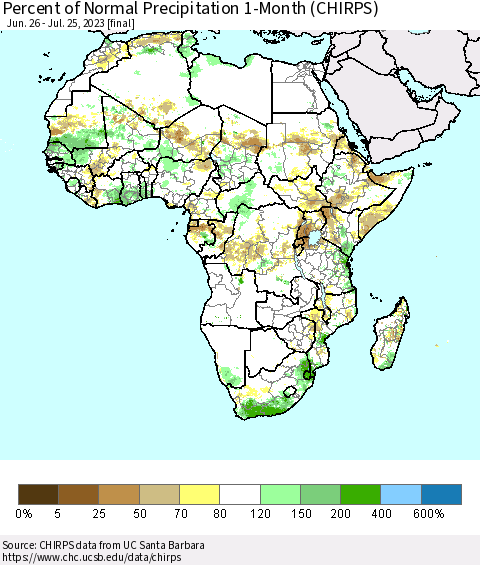 Africa Percent of Normal Precipitation 1-Month (CHIRPS) Thematic Map For 6/26/2023 - 7/25/2023