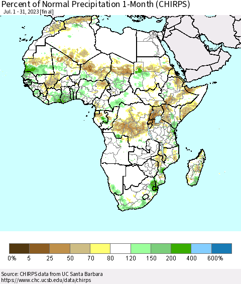 Africa Percent of Normal Precipitation 1-Month (CHIRPS) Thematic Map For 7/1/2023 - 7/31/2023
