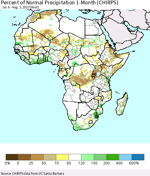 Africa Percent of Normal Precipitation 1-Month (CHIRPS) Thematic Map For 7/6/2023 - 8/5/2023