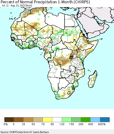 Africa Percent of Normal Precipitation 1-Month (CHIRPS) Thematic Map For 7/11/2023 - 8/10/2023