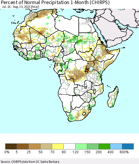 Africa Percent of Normal Precipitation 1-Month (CHIRPS) Thematic Map For 7/16/2023 - 8/15/2023
