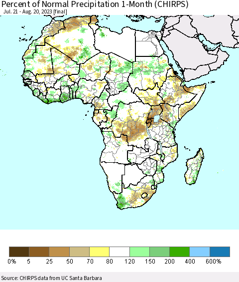 Africa Percent of Normal Precipitation 1-Month (CHIRPS) Thematic Map For 7/21/2023 - 8/20/2023