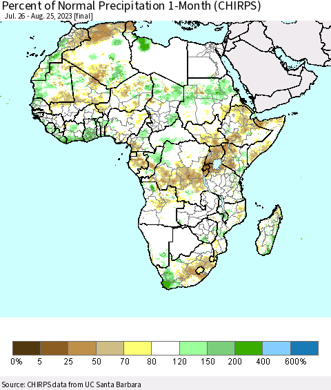 Africa Percent of Normal Precipitation 1-Month (CHIRPS) Thematic Map For 7/26/2023 - 8/25/2023
