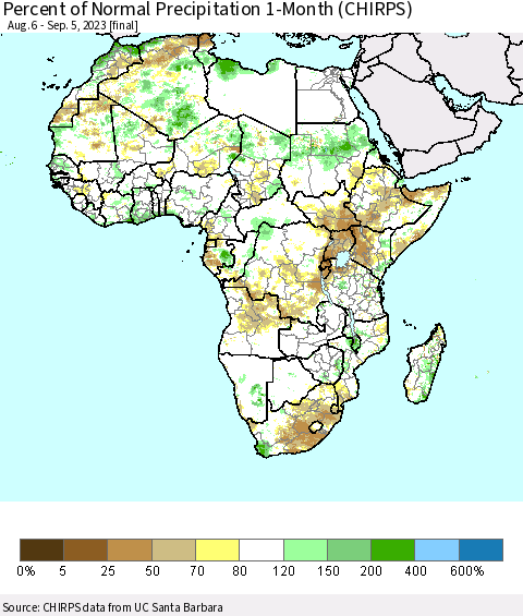 Africa Percent of Normal Precipitation 1-Month (CHIRPS) Thematic Map For 8/6/2023 - 9/5/2023