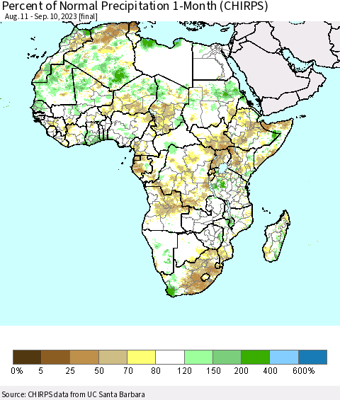 Africa Percent of Normal Precipitation 1-Month (CHIRPS) Thematic Map For 8/11/2023 - 9/10/2023