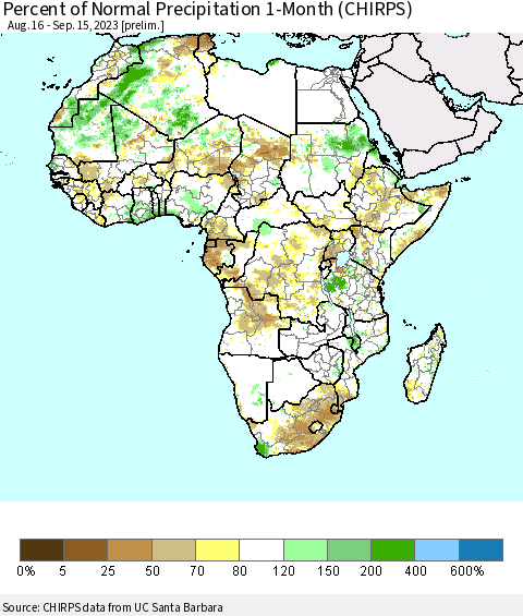 Africa Percent of Normal Precipitation 1-Month (CHIRPS) Thematic Map For 8/16/2023 - 9/15/2023