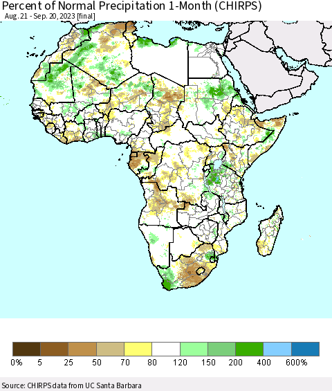Africa Percent of Normal Precipitation 1-Month (CHIRPS) Thematic Map For 8/21/2023 - 9/20/2023