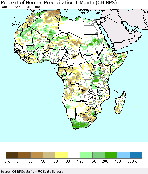 Africa Percent of Normal Precipitation 1-Month (CHIRPS) Thematic Map For 8/26/2023 - 9/25/2023