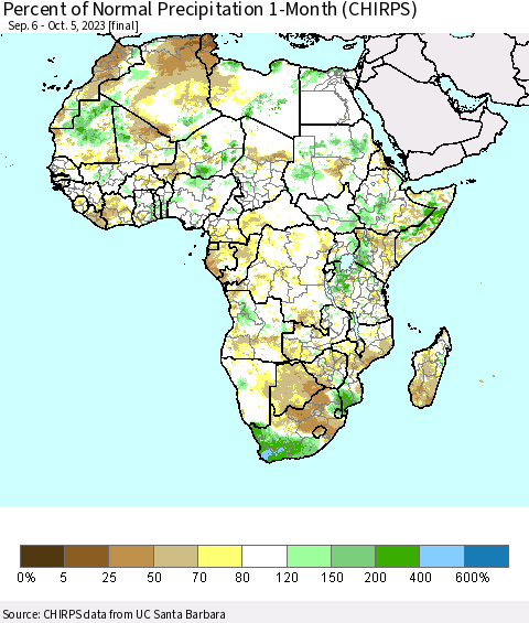 Africa Percent of Normal Precipitation 1-Month (CHIRPS) Thematic Map For 9/6/2023 - 10/5/2023