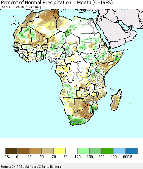 Africa Percent of Normal Precipitation 1-Month (CHIRPS) Thematic Map For 9/11/2023 - 10/10/2023