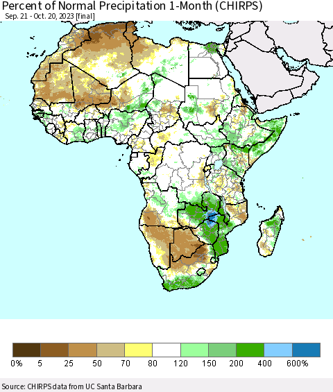 Africa Percent of Normal Precipitation 1-Month (CHIRPS) Thematic Map For 9/21/2023 - 10/20/2023