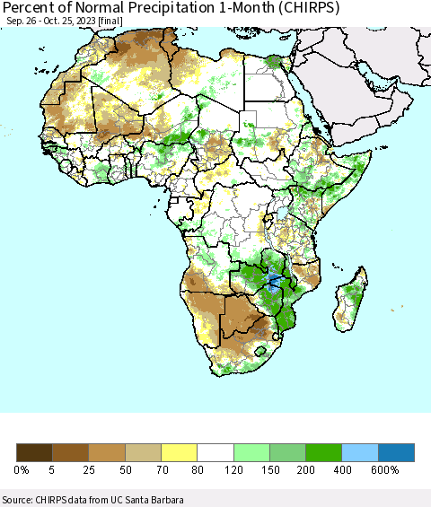Africa Percent of Normal Precipitation 1-Month (CHIRPS) Thematic Map For 9/26/2023 - 10/25/2023