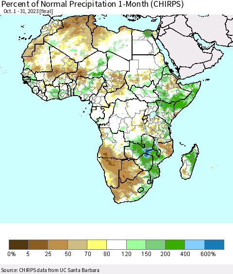 Africa Percent of Normal Precipitation 1-Month (CHIRPS) Thematic Map For 10/1/2023 - 10/31/2023
