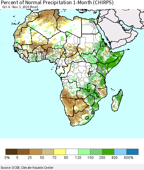 Africa Percent of Normal Precipitation 1-Month (CHIRPS) Thematic Map For 10/6/2023 - 11/5/2023