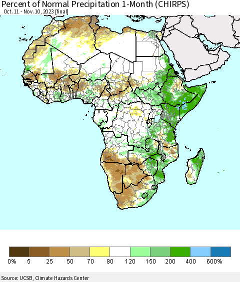 Africa Percent of Normal Precipitation 1-Month (CHIRPS) Thematic Map For 10/11/2023 - 11/10/2023