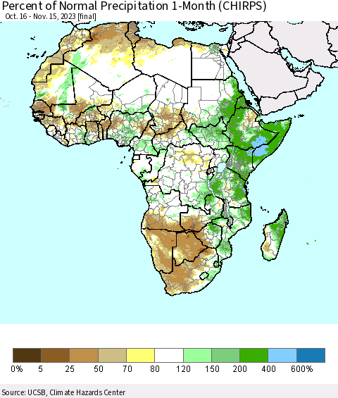 Africa Percent of Normal Precipitation 1-Month (CHIRPS) Thematic Map For 10/16/2023 - 11/15/2023