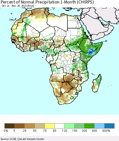 Africa Percent of Normal Precipitation 1-Month (CHIRPS) Thematic Map For 10/21/2023 - 11/20/2023