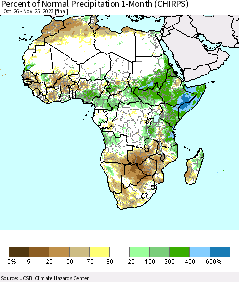 Africa Percent of Normal Precipitation 1-Month (CHIRPS) Thematic Map For 10/26/2023 - 11/25/2023