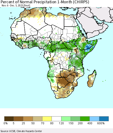 Africa Percent of Normal Precipitation 1-Month (CHIRPS) Thematic Map For 11/6/2023 - 12/5/2023