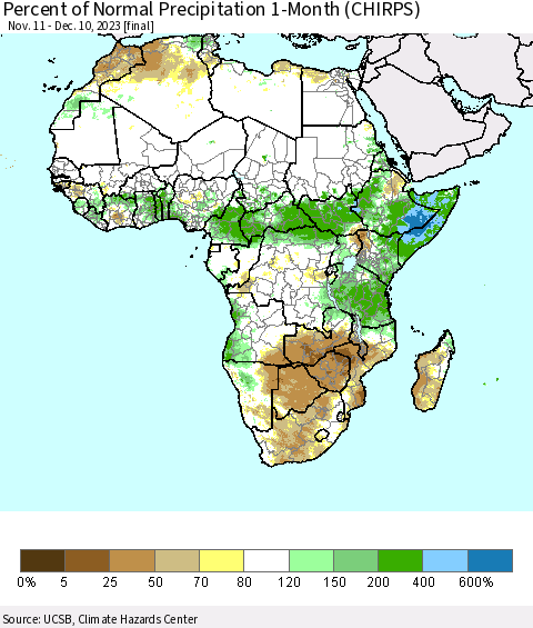 Africa Percent of Normal Precipitation 1-Month (CHIRPS) Thematic Map For 11/11/2023 - 12/10/2023