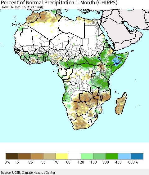 Africa Percent of Normal Precipitation 1-Month (CHIRPS) Thematic Map For 11/16/2023 - 12/15/2023