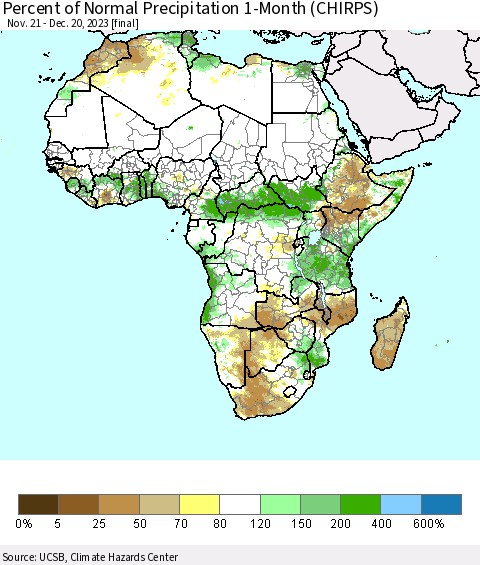 Africa Percent of Normal Precipitation 1-Month (CHIRPS) Thematic Map For 11/21/2023 - 12/20/2023