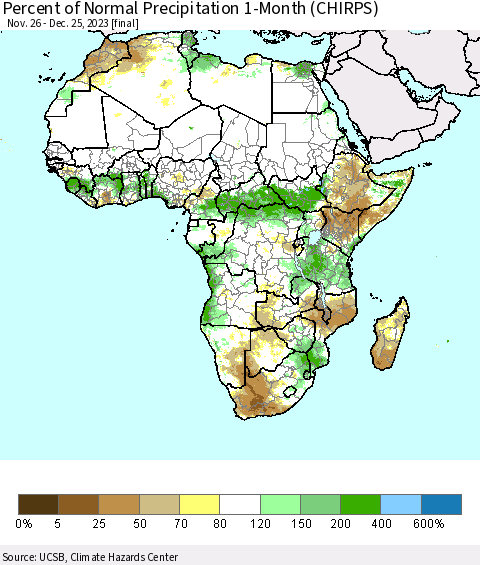 Africa Percent of Normal Precipitation 1-Month (CHIRPS) Thematic Map For 11/26/2023 - 12/25/2023