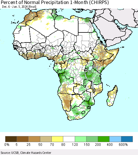 Africa Percent of Normal Precipitation 1-Month (CHIRPS) Thematic Map For 12/6/2023 - 1/5/2024
