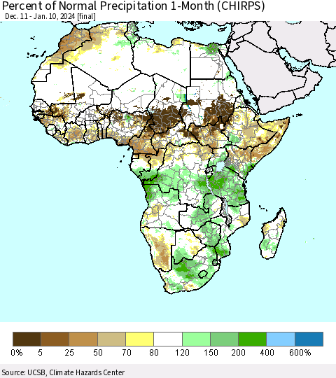 Africa Percent of Normal Precipitation 1-Month (CHIRPS) Thematic Map For 12/11/2023 - 1/10/2024