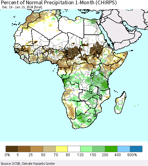 Africa Percent of Normal Precipitation 1-Month (CHIRPS) Thematic Map For 12/16/2023 - 1/15/2024