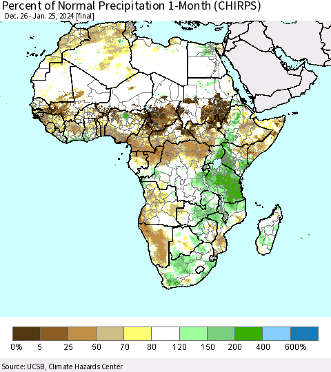 Africa Percent of Normal Precipitation 1-Month (CHIRPS) Thematic Map For 12/26/2023 - 1/25/2024