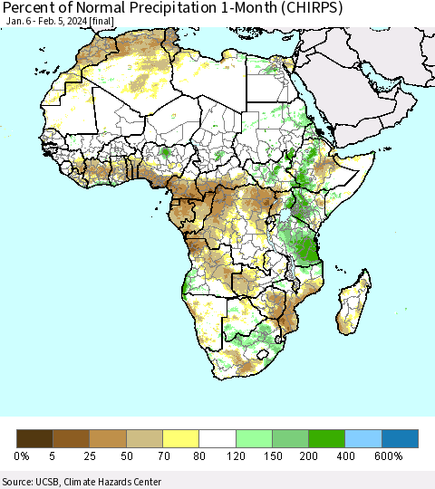 Africa Percent of Normal Precipitation 1-Month (CHIRPS) Thematic Map For 1/6/2024 - 2/5/2024
