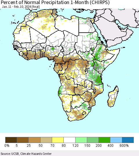 Africa Percent of Normal Precipitation 1-Month (CHIRPS) Thematic Map For 1/11/2024 - 2/10/2024