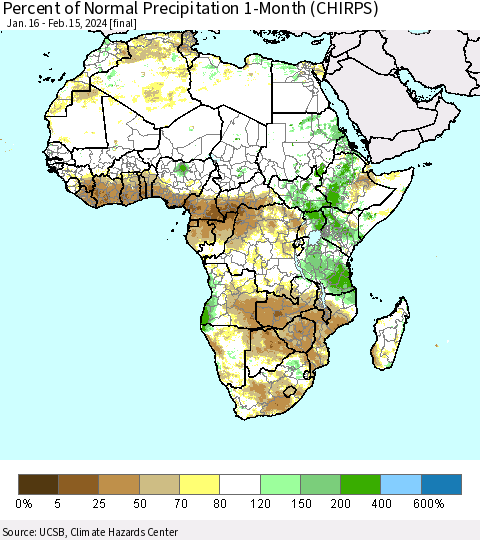 Africa Percent of Normal Precipitation 1-Month (CHIRPS) Thematic Map For 1/16/2024 - 2/15/2024