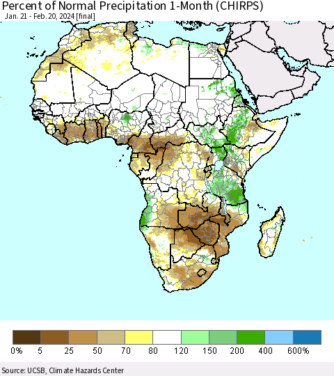 Africa Percent of Normal Precipitation 1-Month (CHIRPS) Thematic Map For 1/21/2024 - 2/20/2024