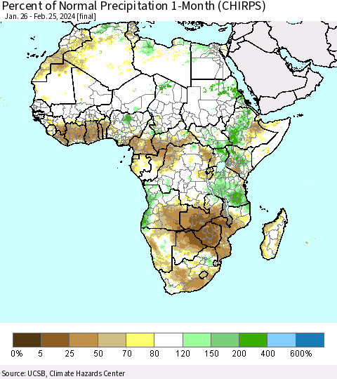 Africa Percent of Normal Precipitation 1-Month (CHIRPS) Thematic Map For 1/26/2024 - 2/25/2024