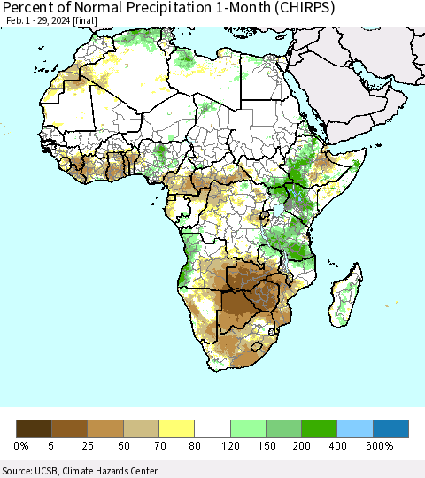 Africa Percent of Normal Precipitation 1-Month (CHIRPS) Thematic Map For 2/1/2024 - 2/29/2024