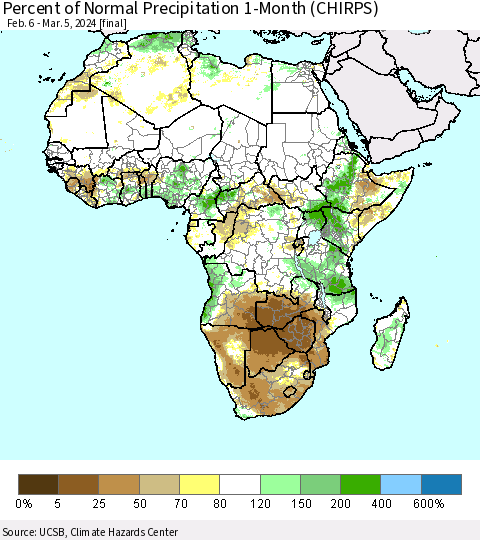 Africa Percent of Normal Precipitation 1-Month (CHIRPS) Thematic Map For 2/6/2024 - 3/5/2024