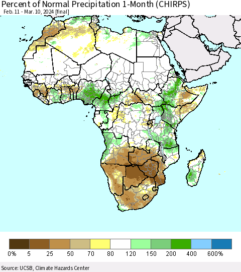 Africa Percent of Normal Precipitation 1-Month (CHIRPS) Thematic Map For 2/11/2024 - 3/10/2024