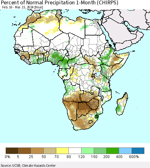 Africa Percent of Normal Precipitation 1-Month (CHIRPS) Thematic Map For 2/16/2024 - 3/15/2024