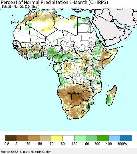 Africa Percent of Normal Precipitation 1-Month (CHIRPS) Thematic Map For 2/21/2024 - 3/20/2024