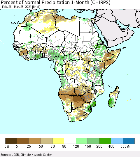 Africa Percent of Normal Precipitation 1-Month (CHIRPS) Thematic Map For 2/26/2024 - 3/25/2024